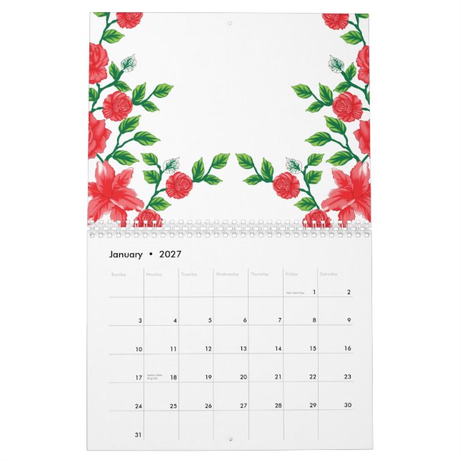 A red rose with detailed petals, depicted in a cli calendar (Jan 2027)