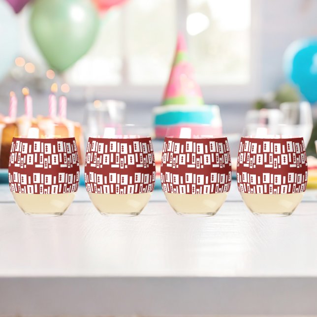 A red rug with a textured pattern is spread out on stemless wine glass (Insitu (Birthday))