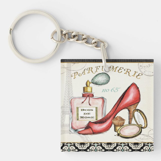 A Red Shoe, A Bottle of Perfume, and Blush Powder Key Ring (Front)