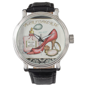 A Red Shoe, A Bottle of Perfume, and Blush Powder Watch