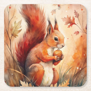 A Red Squirrel eating a nut Square Paper Coaster