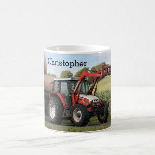 A red tractor pulling bales of hay, personalised. coffee mug