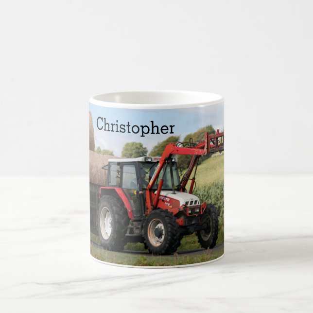 A red tractor pulling bales of hay, personalised. coffee mug (Center)