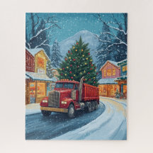 A red truck carrying a Christmas tree
