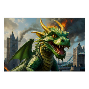 A Red Welsh Dragon Terrorizes London Poster