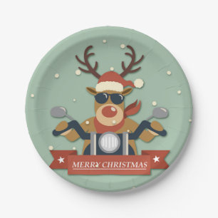A reindeer sunglasses riding motorcycle paper plate