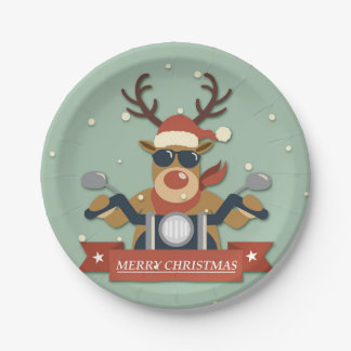 A reindeer sunglasses riding motorcycle paper plate