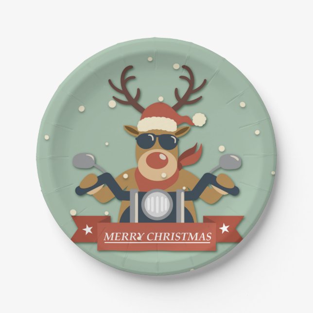 A reindeer sunglasses riding motorcycle paper plate (Front)