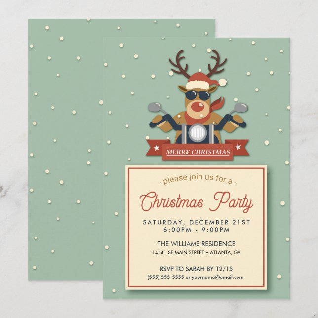 A reindeer wearing sunglasses riding motorcycle invitation (Front/Back)