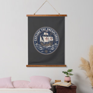 A retro Columbus Day emblem with a caravel ship Hanging Tapestry