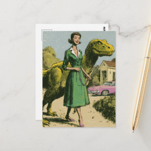 A retro lady walks her pet green Dinosaur Postcard