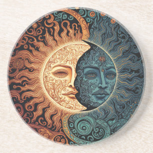 A Retro Psychedelic Sun and Moon Faces Coaster