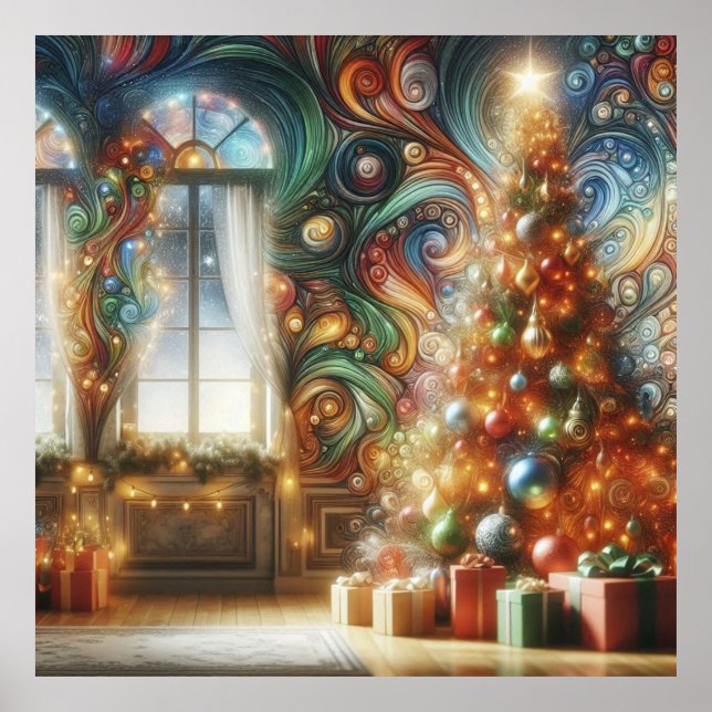 A Retro Style Christmas Tree With Presents on Wall Poster (Front)