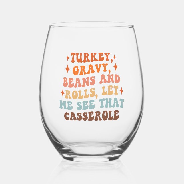 A Retro Thanksgiving Dinner Stemless Wine Glass (Front)