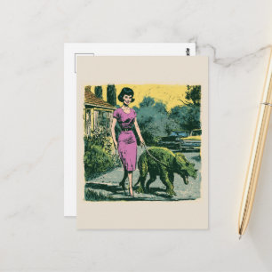 A retro woman walks her pet tiny green Dino Postcard