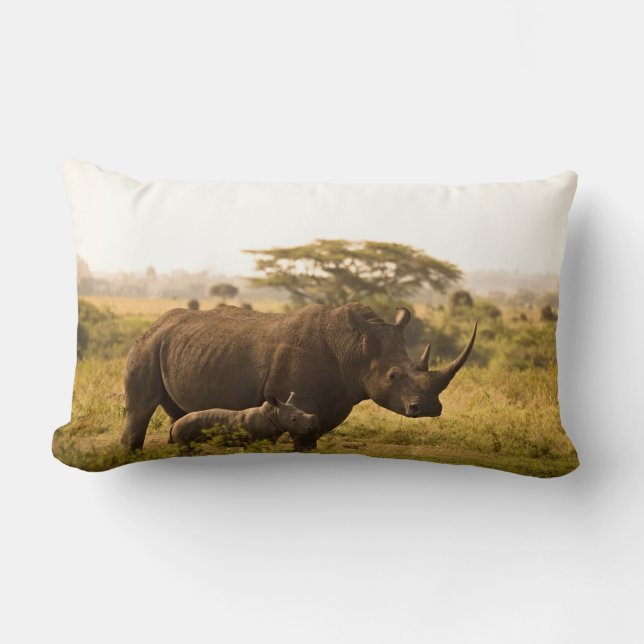 A Rhino with her baby Lumbar Cushion (Front)