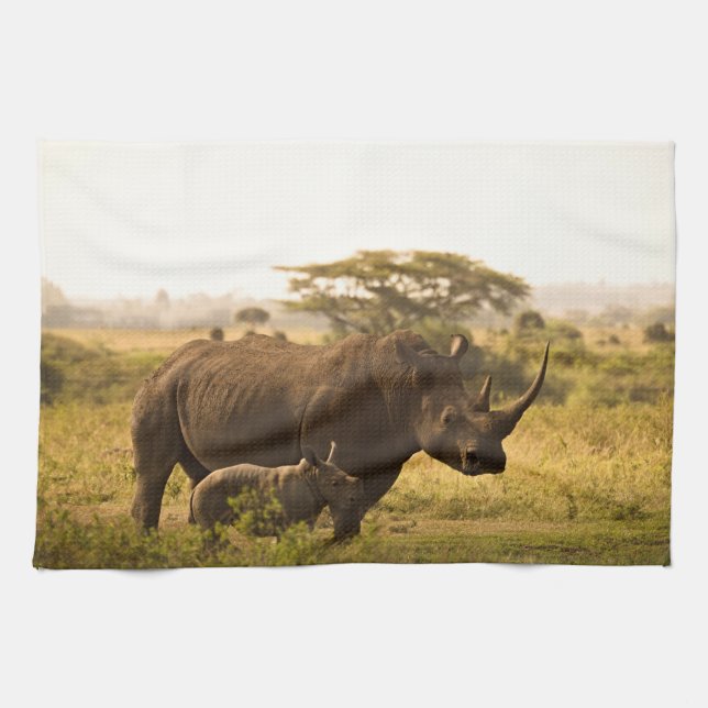 A Rhino with her baby Tea Towel (Horizontal)