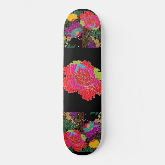 a richly colored peony mix skateboard (Front)