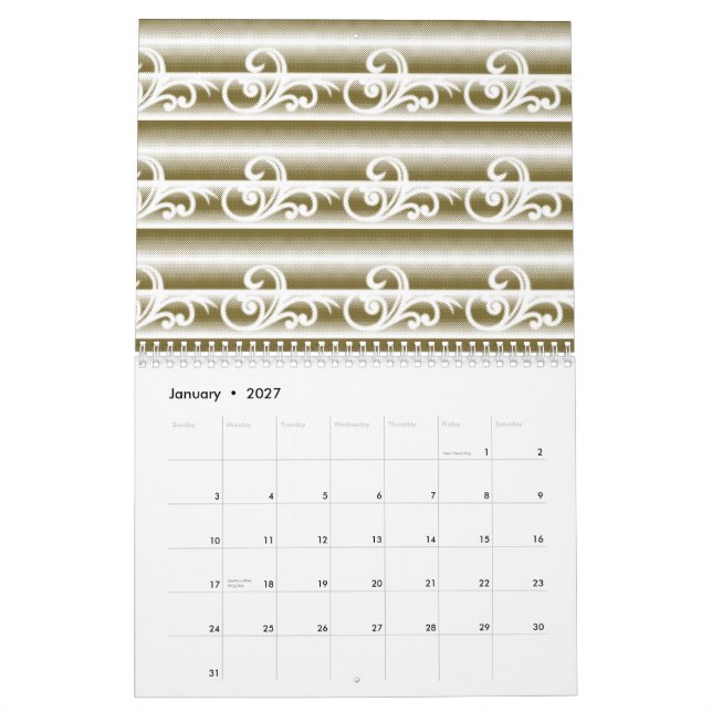 A richly coloured rug features a symmetrical geome calendar (Jan 2027)