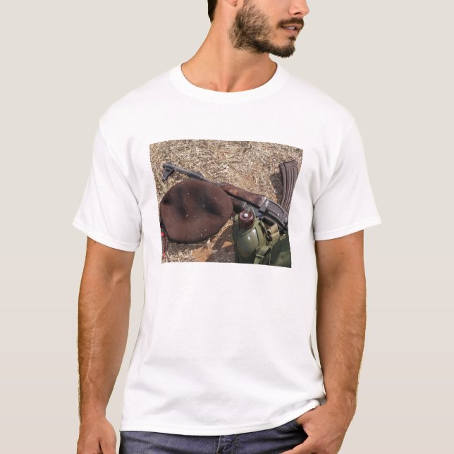 A rifle, military cover and canteen T-Shirt (Front)