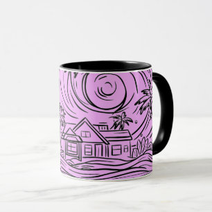a rising sun in front of the sea, mug
