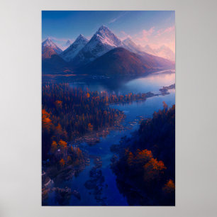A River Flowing into a Scenic Mountain Lake Poster