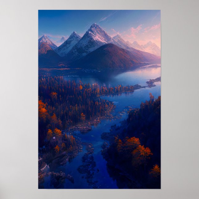 A River Flowing into a Scenic Mountain Lake Poster (Front)