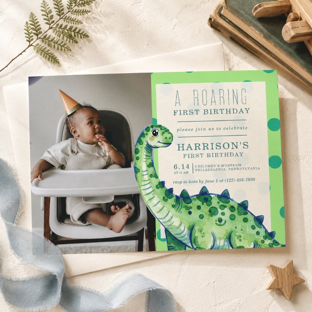 A Roaring First Birthday Dinosaur Photo Invitation (A Roaring First Birthday Dinosaur Photo Invitation)