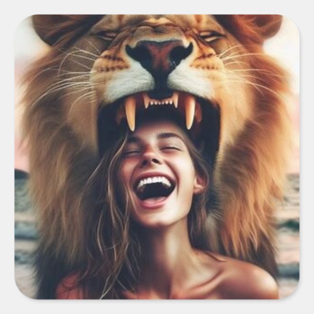 A roaring lion a girl laughing  square sticker (Front)
