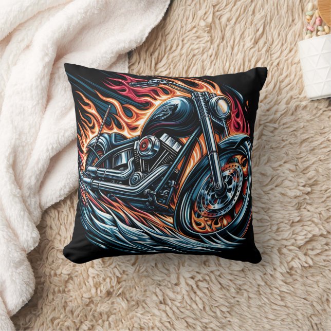 A roaring motorcycle surrounded by fiery flames cushion (Blanket)