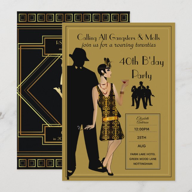 A Roaring Twenties Party, Gangster Flapper Deco Invitation (Front/Back)