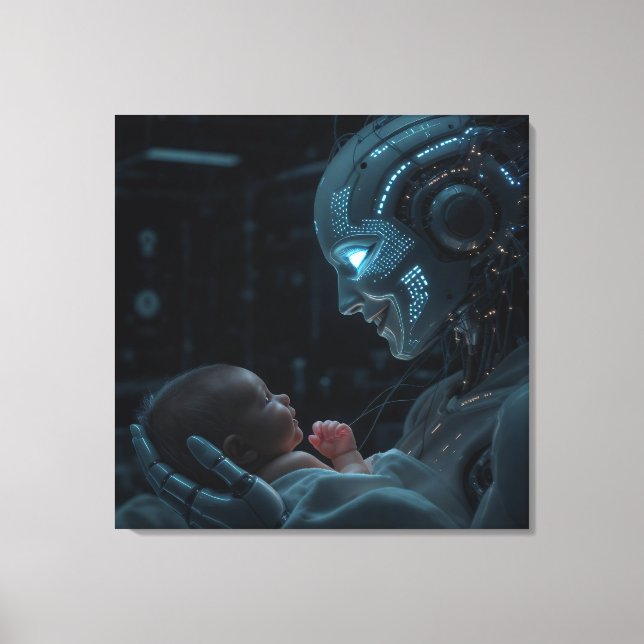 A robotic woman hanging a baby canvas print (Front)