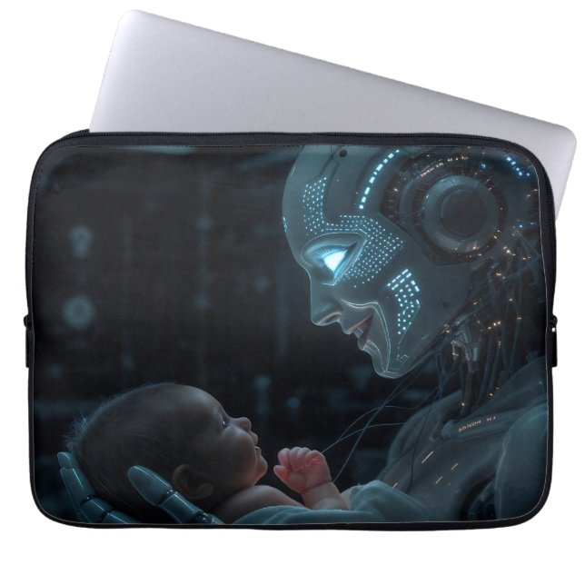 A robotic woman hanging a baby laptop sleeve (Front)