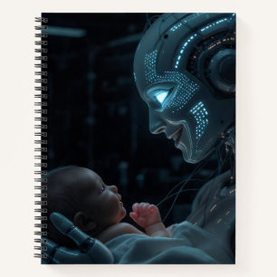 A robotic woman hanging a baby notebook