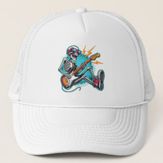 A rock star skeleton trucker hat