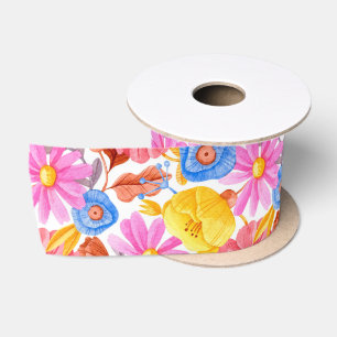 A roll of ribbon with a vibrant floral pattern satin ribbon