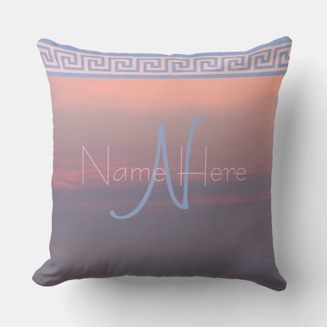 A Rose Quartz And Serenity Sunrise Sky Monogram Cushion (Front)