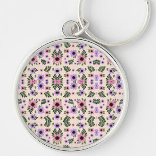 A round keychain featuring a vibrant floral