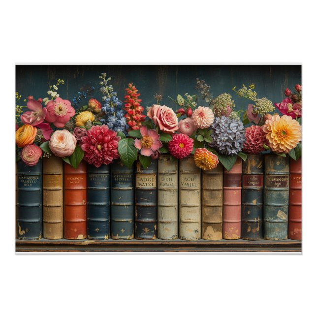 A Row of Books and Flowers Poster (Front)