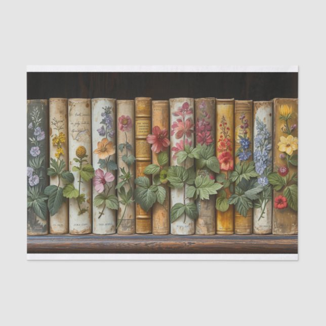 A Row of Books and Flowers Tissue Paper (Front)