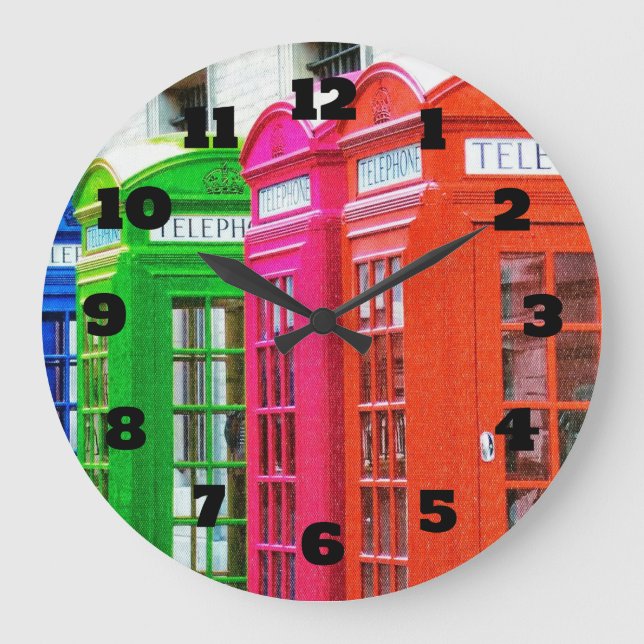 A Row of Brightly Coloured Telephone Boxes Large Clock (Front)