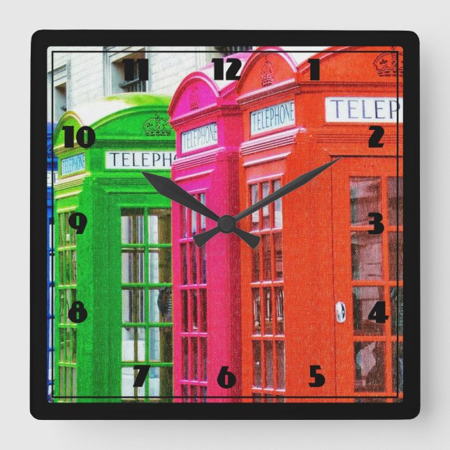 A Row of Brightly Coloured Telephone Boxes Square Wall Clock (Front)