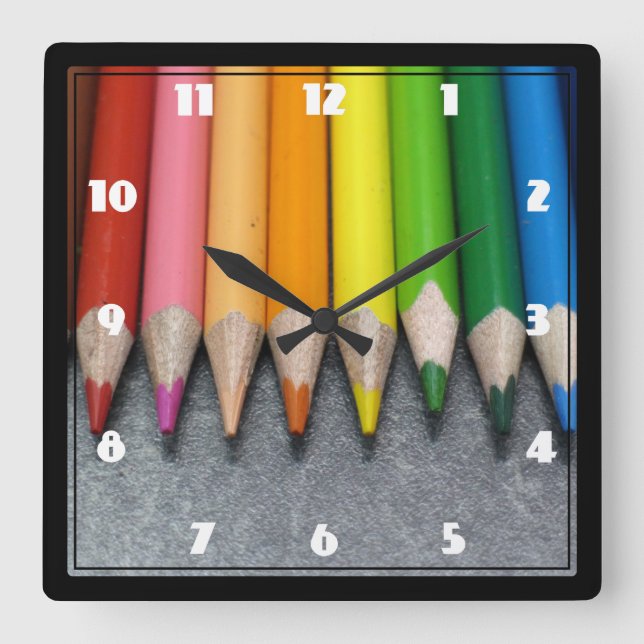 A Row of Coloured Pencils. Square Wall Clock (Front)