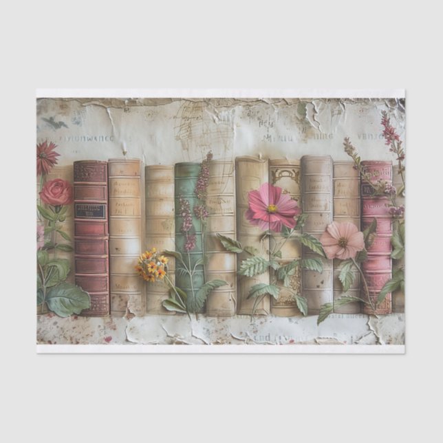 A Row of Old Book Spines with Embellished Flowers Tissue Paper (Front)