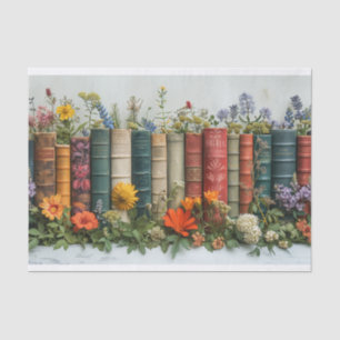 A Row of Old Books with Embellished Flowers Tissue Paper