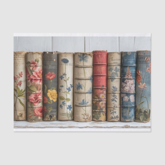 A Row of Old Books with Painted Flowers Tissue Paper (Front)