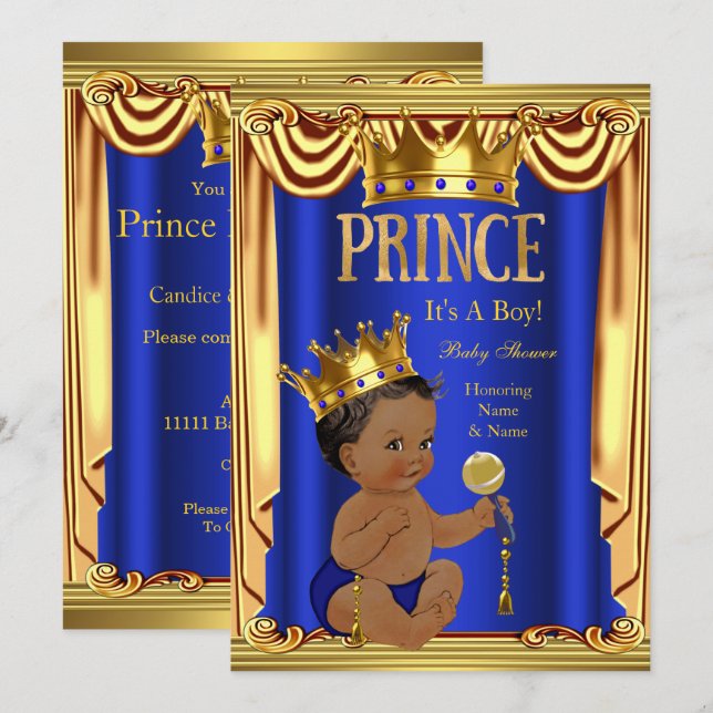 A Royal Blue Prince Baby Shower Gold Boy Ethnic Invitation (Front/Back)