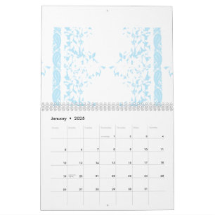 A rug featuring a blue and white creative arts mot calendar