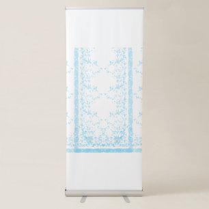 A rug featuring a blue and white creative arts mot retractable banner