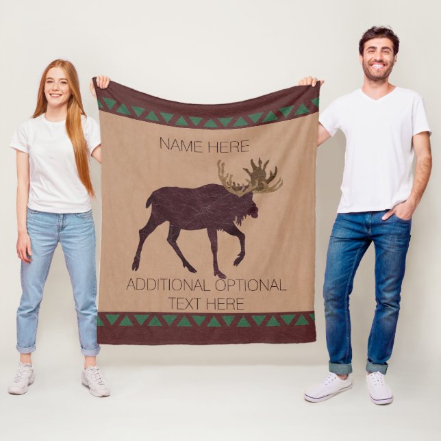 A Rustic Moose Faux Leather-Look Cabin Theme Fleece Blanket (In Situ)